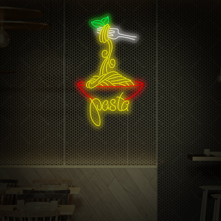 A glowing "Italian Pasta" neon sign featuring a bowl and fork icon displayed on a light blue brick wall in a cozy restaurant setting.