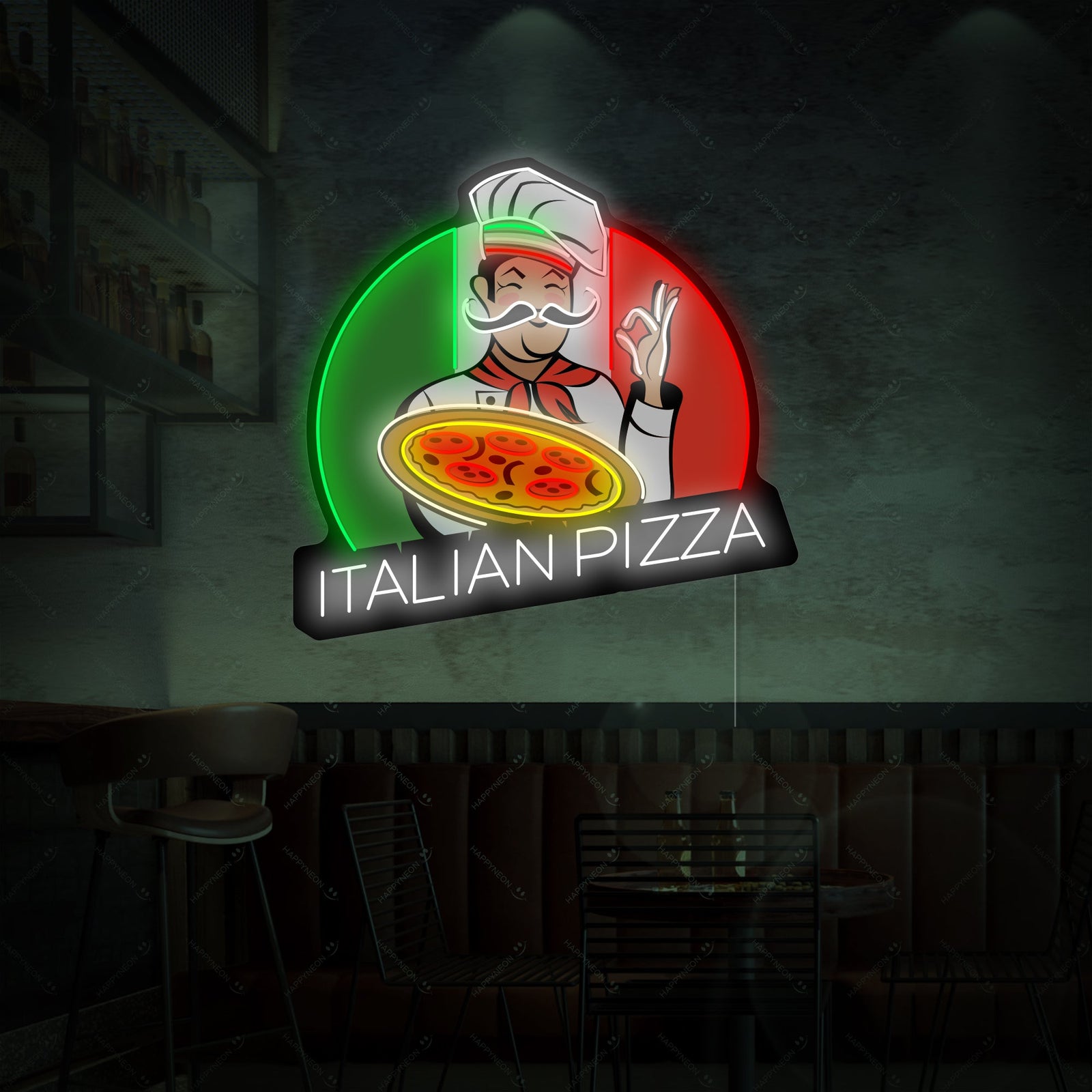 Italian Pizza neon sign graphic with glowing red and white details and 'Italian Pizza' text.
