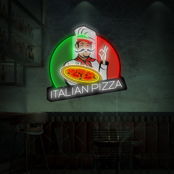 Italian Pizza neon sign graphic with glowing red and white details and 'Italian Pizza' text.