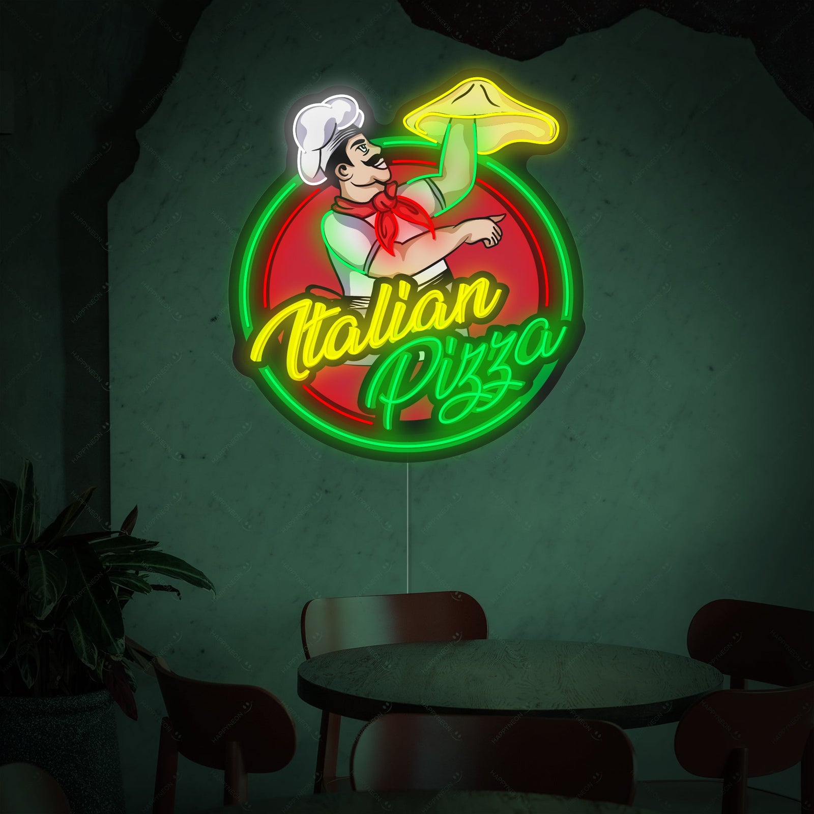 Closer view of the illuminated Italian Pizza neon sign, showing the details of the pizza graphic and glowing outline against a dark background.