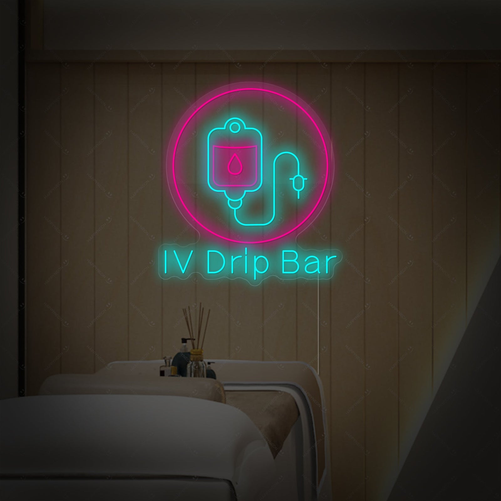 A clean graphic representation of the 'Iv Drip Bar' neon sign, featuring script lettering for 'Iv Drip Bar' and an illuminated icon of an IV bag with a star.