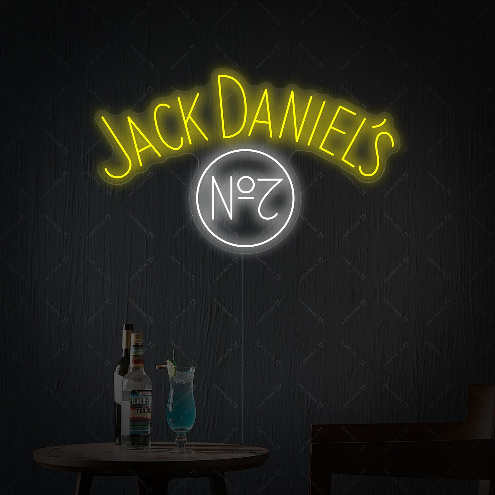 A handcrafted Jack No.7 whiskey neon sign glowing with a warm white and orange light against a brick wall in a rustic home bar setting.