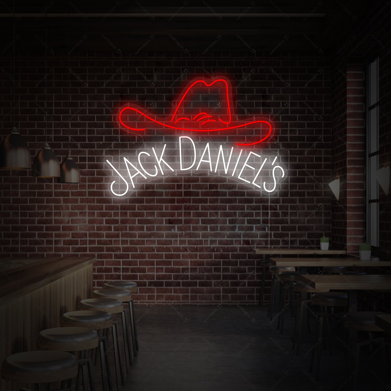 Illuminated 'Jack Whiskey' LED neon sign glowing on a textured brick wall, featuring warm white lighting and a whiskey bottle silhouette.