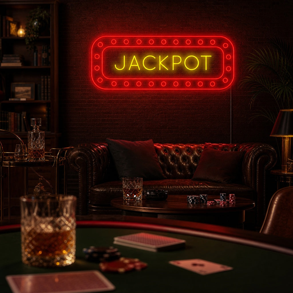 A "Jackpot" neon sign glowing brightly on a brick wall above a gaming area and bar.