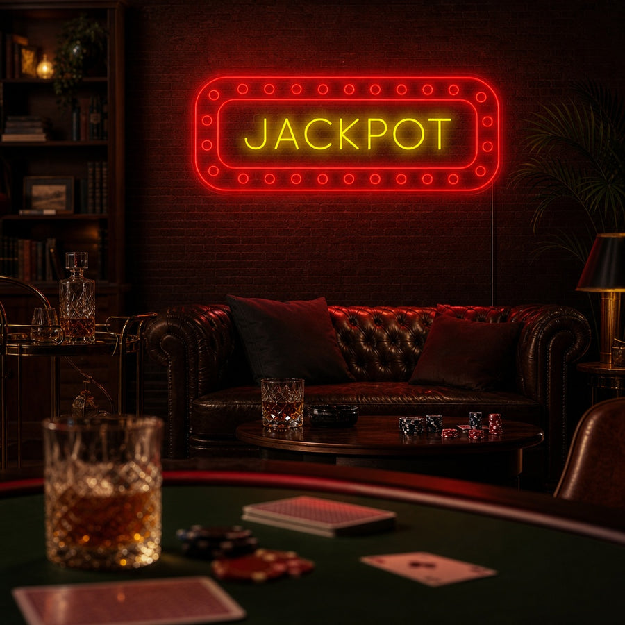 A "Jackpot" neon sign glowing brightly on a brick wall above a gaming area and bar.