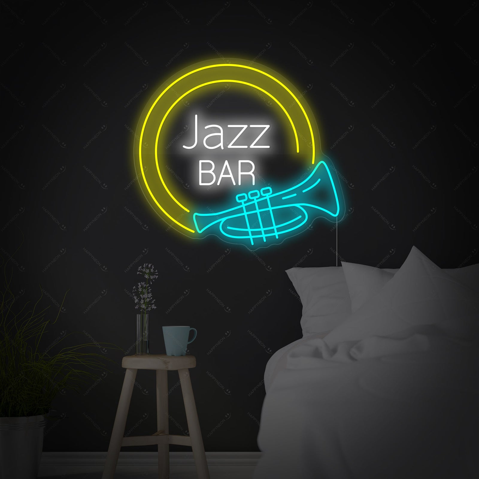 Direct front view graphic of a blue illuminated 'Jazz Bar' neon sign with an integrated saxophone design and orange star accents, glowing brightly with clean lines.