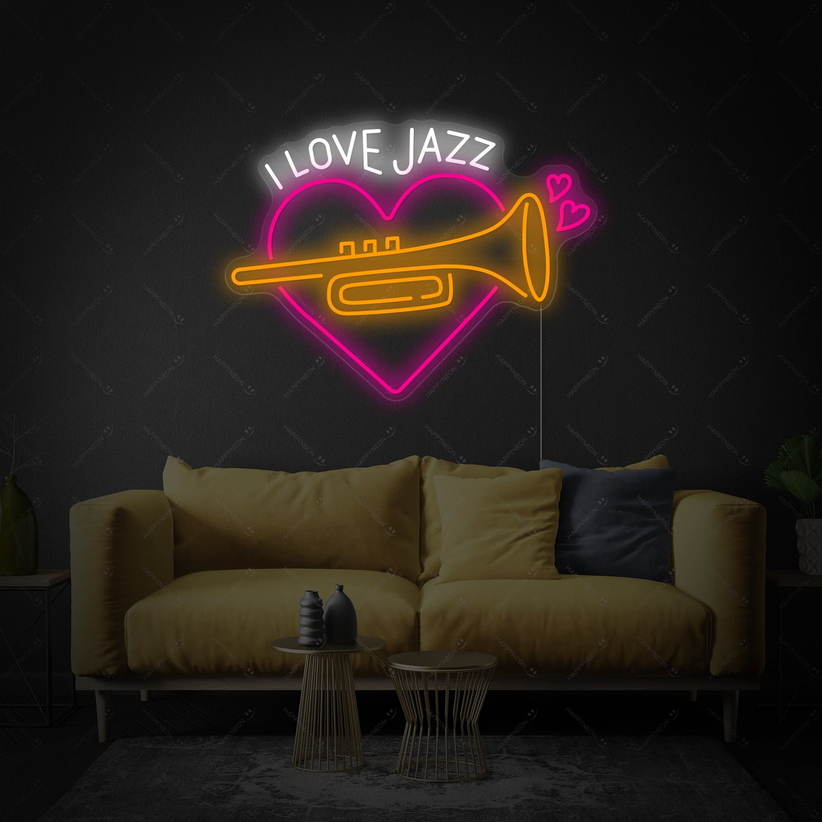 A graphic design mockup of the 'I Love Jazz' neon sign against a dark, slightly textured background. The sign is made of blue and orange glowing lines with a clear outline.