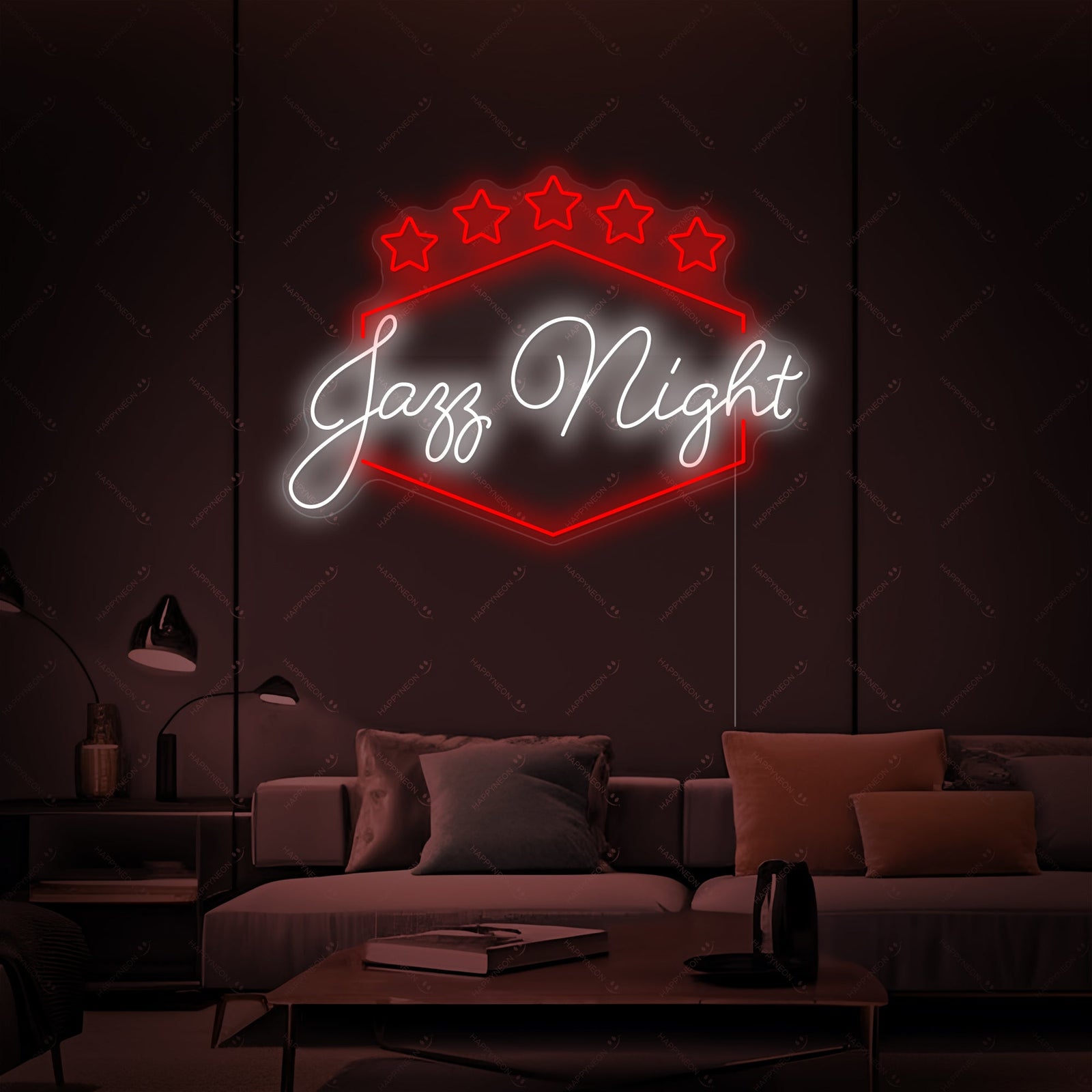 A lifestyle shot of the "Jazz Night" neon sign, hanging above a bar cart stocked with whiskey glasses and record player, adding a touch of cool sophistication to a modern living space.
