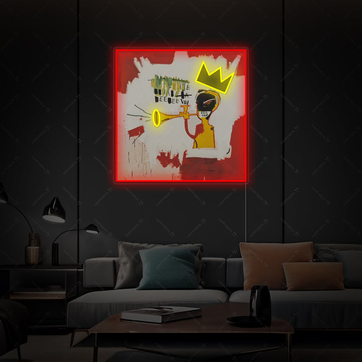 A brightly lit neon sign featuring an illustration of a trumpet player, shown illuminated in a dimly lit modern interior space.