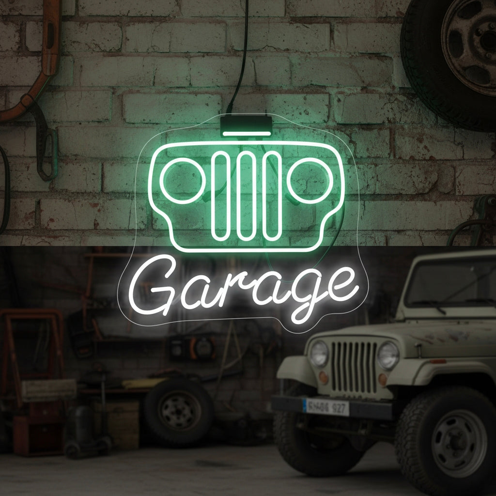 A neon wall sign featuring a bright white Jeep seven-slot grille design and the word 'GARAGE' in a vintage font, glowing in a home workshop setting with tools in the background.