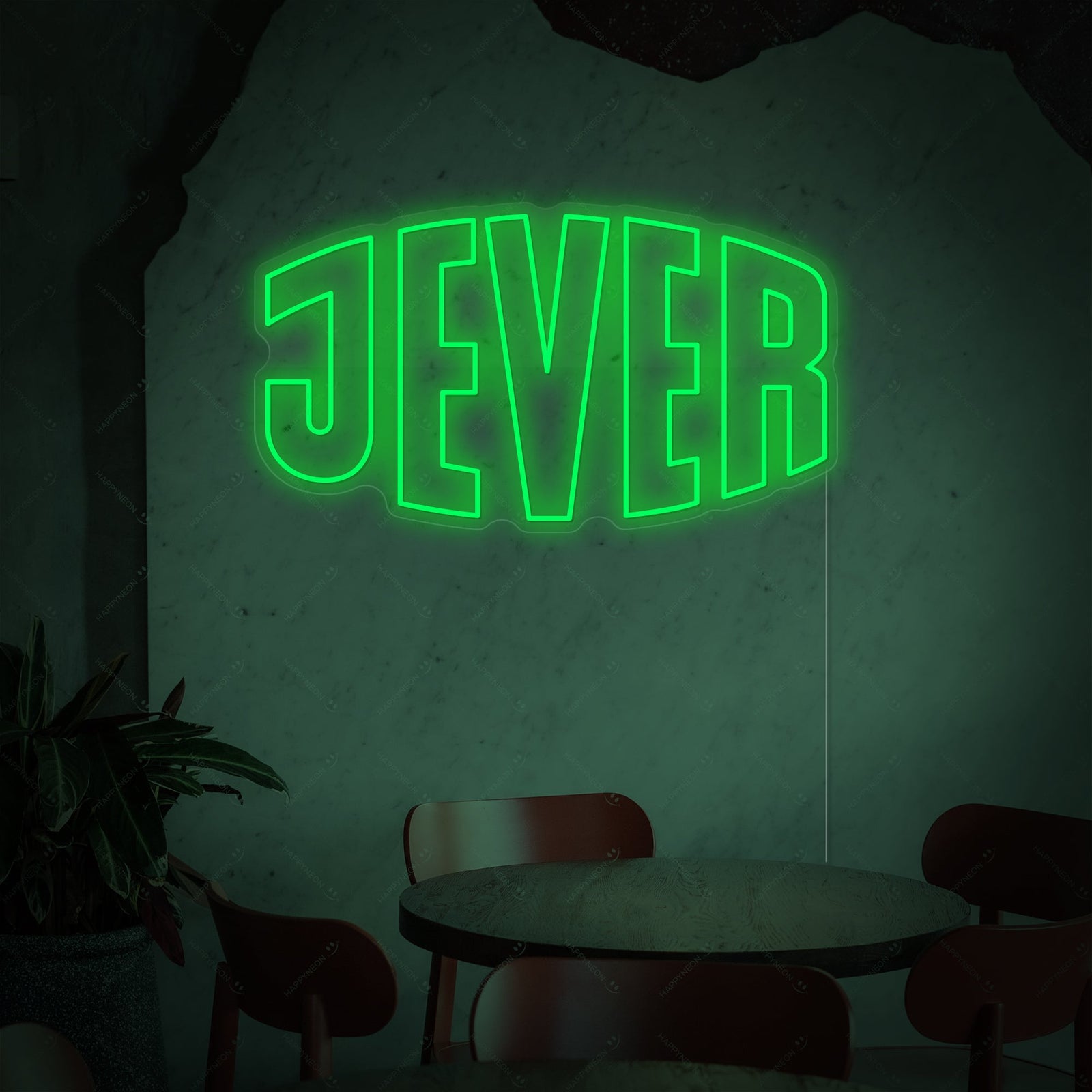 Close-up detail of the Jever Neon Sign showing green and red illumination on a textured wall