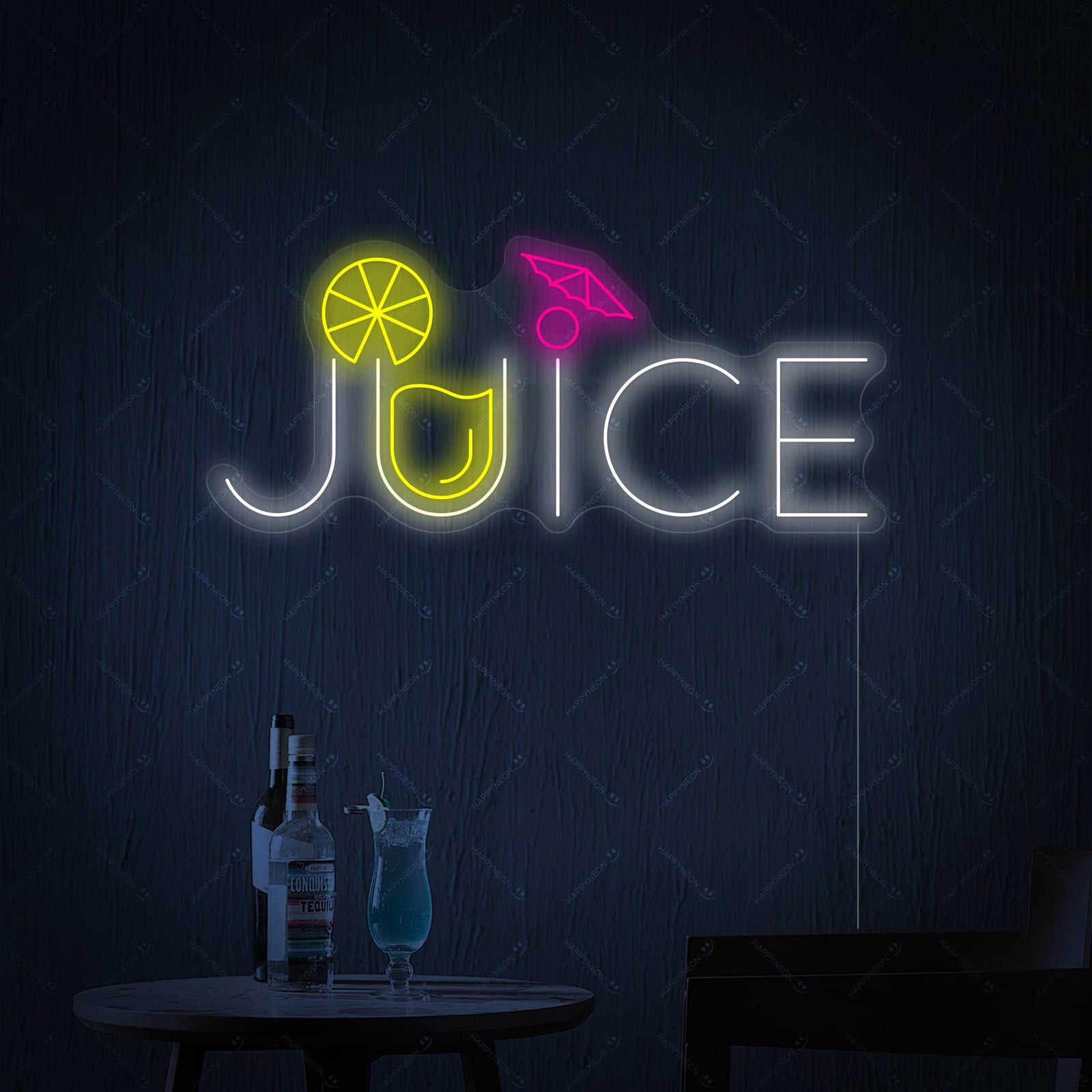 The 'Juice' neon sign glowing orange, clearly showing its clear acrylic backboard and electrical cord against a clean white wall.