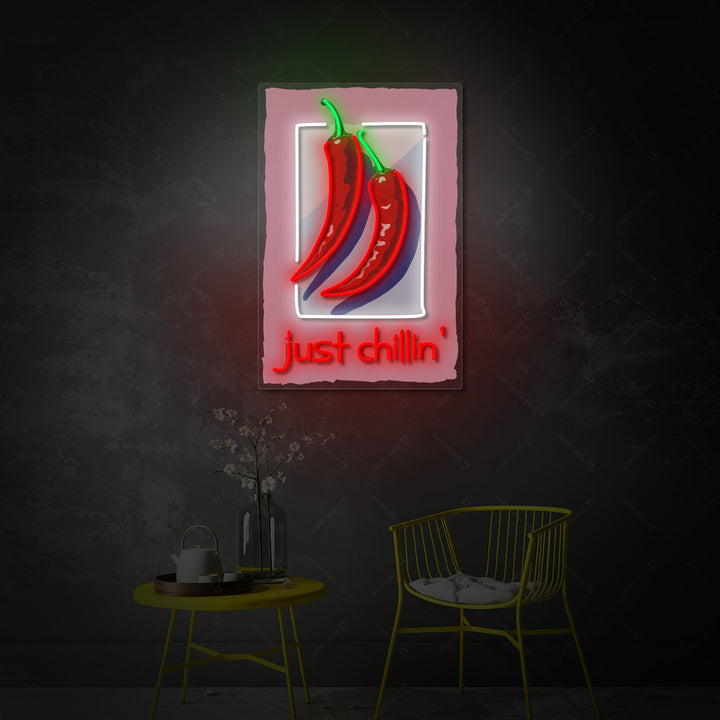 The 'Just Chillin' neon sign, showcasing the detailed tube design against a plain background, illustrating the quality construction.