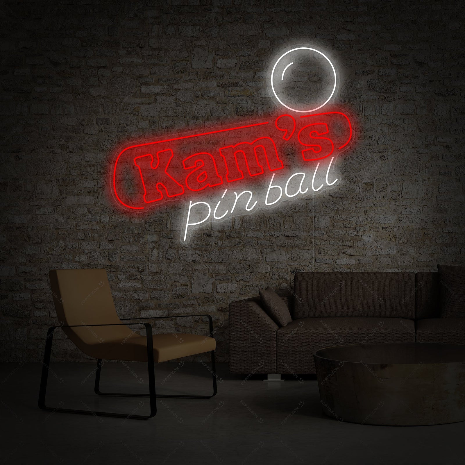 Personalized pinball neon sign on a clear acrylic mount, showing the custom name 'Ryan's Pinball' and a classic pinball illustration.