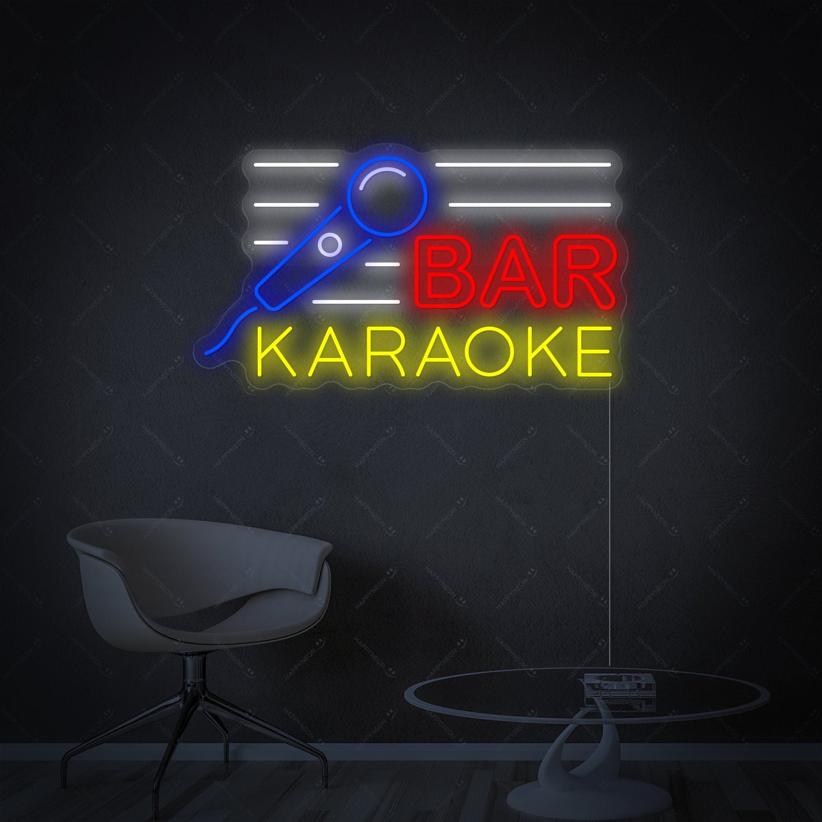 A glowing "Karaoke Bar" neon sign featuring bold letters and flanking stars, displayed against a dark textured wall.