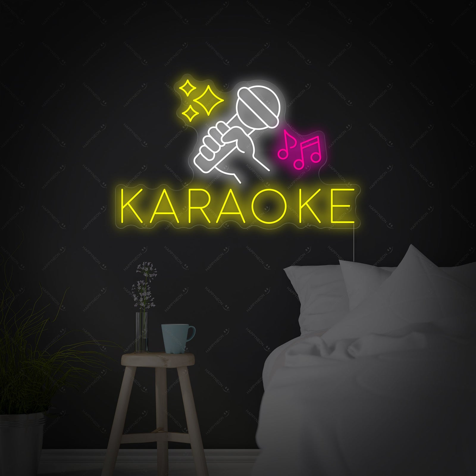 Close-up view of the unlit 'Karaoke' neon sign, detailing the clear acrylic backing and mounting points.