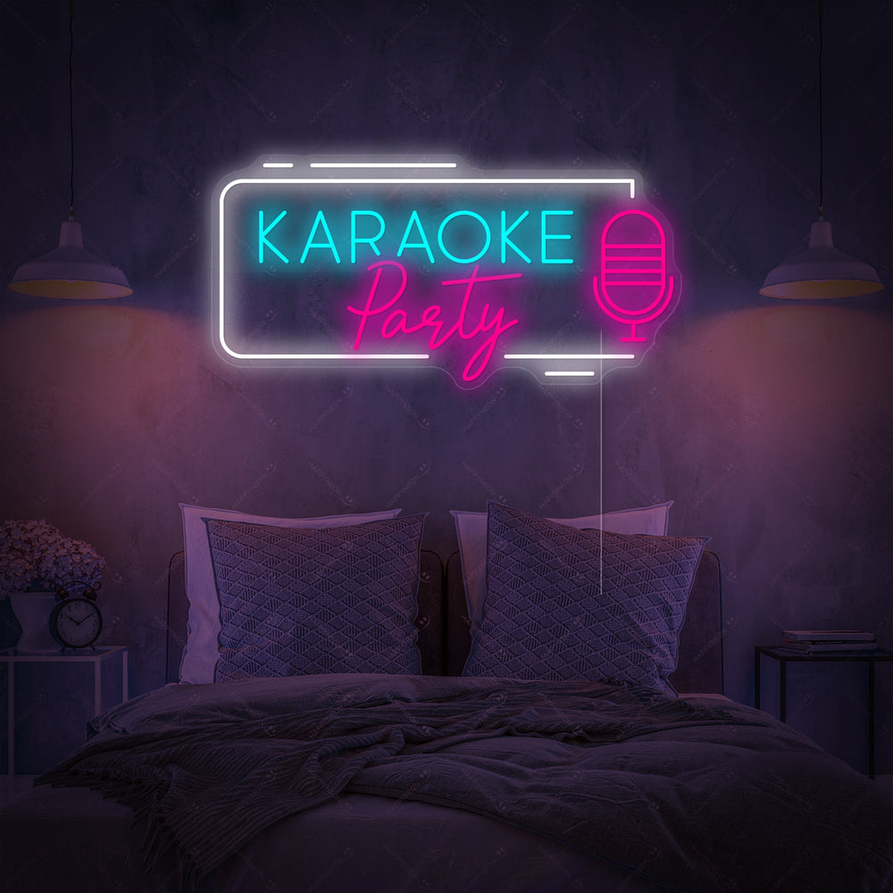 A close-up view of the 'Karaoke Party' neon sign, showing the detailed magenta and cyan tubing on a clear mounting board, displayed on a textured grey bedroom wall.