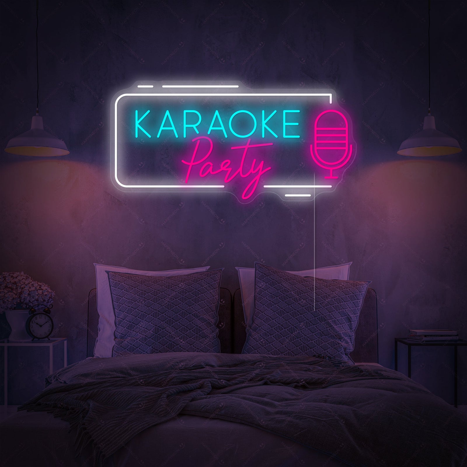 A close-up view of the 'Karaoke Party' neon sign, showing the detailed magenta and cyan tubing on a clear mounting board, displayed on a textured grey bedroom wall.