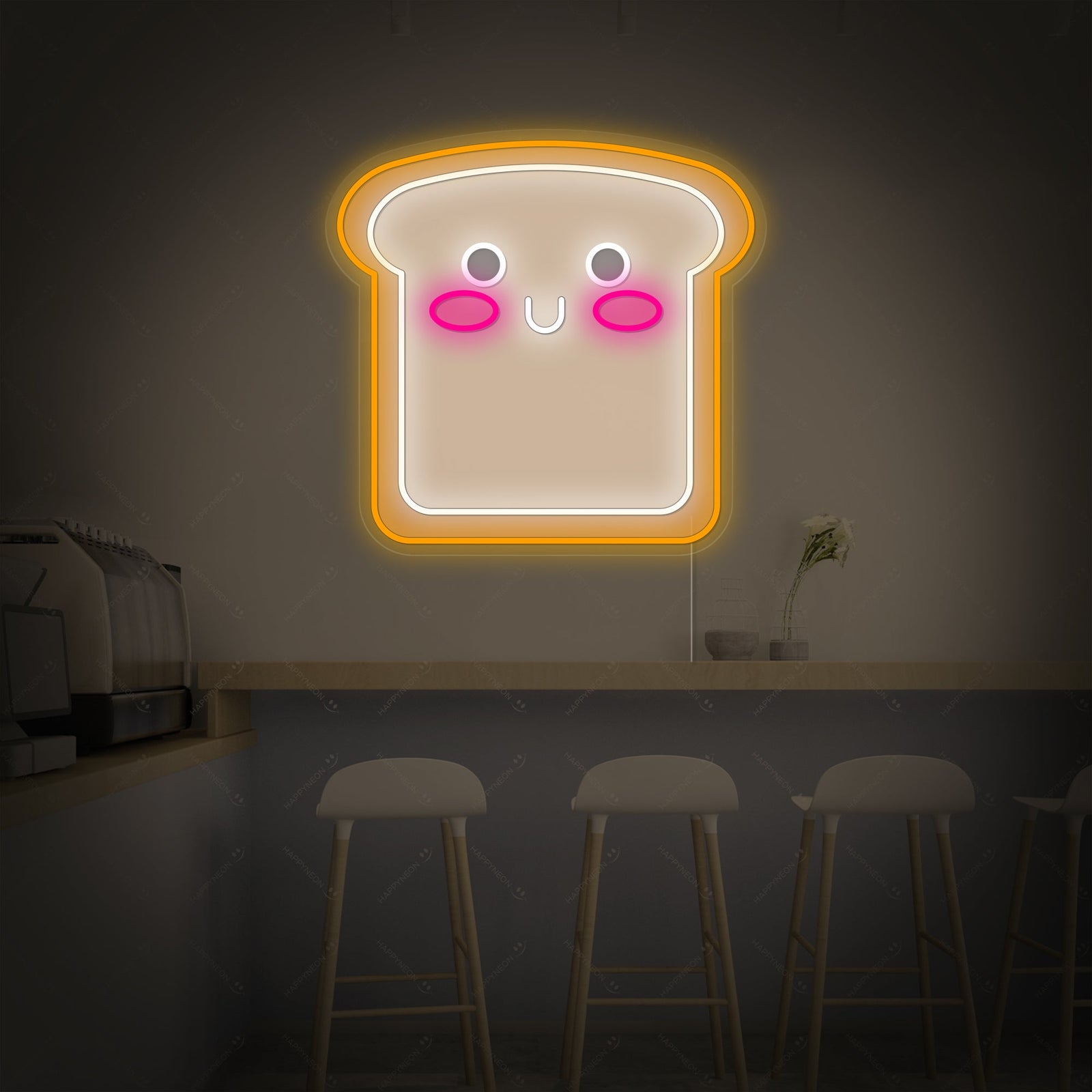 A vibrant 'Kawaii Slice Bread' neon sign casting a warm light against a modern exposed brick wall in a rustic bakery setting.