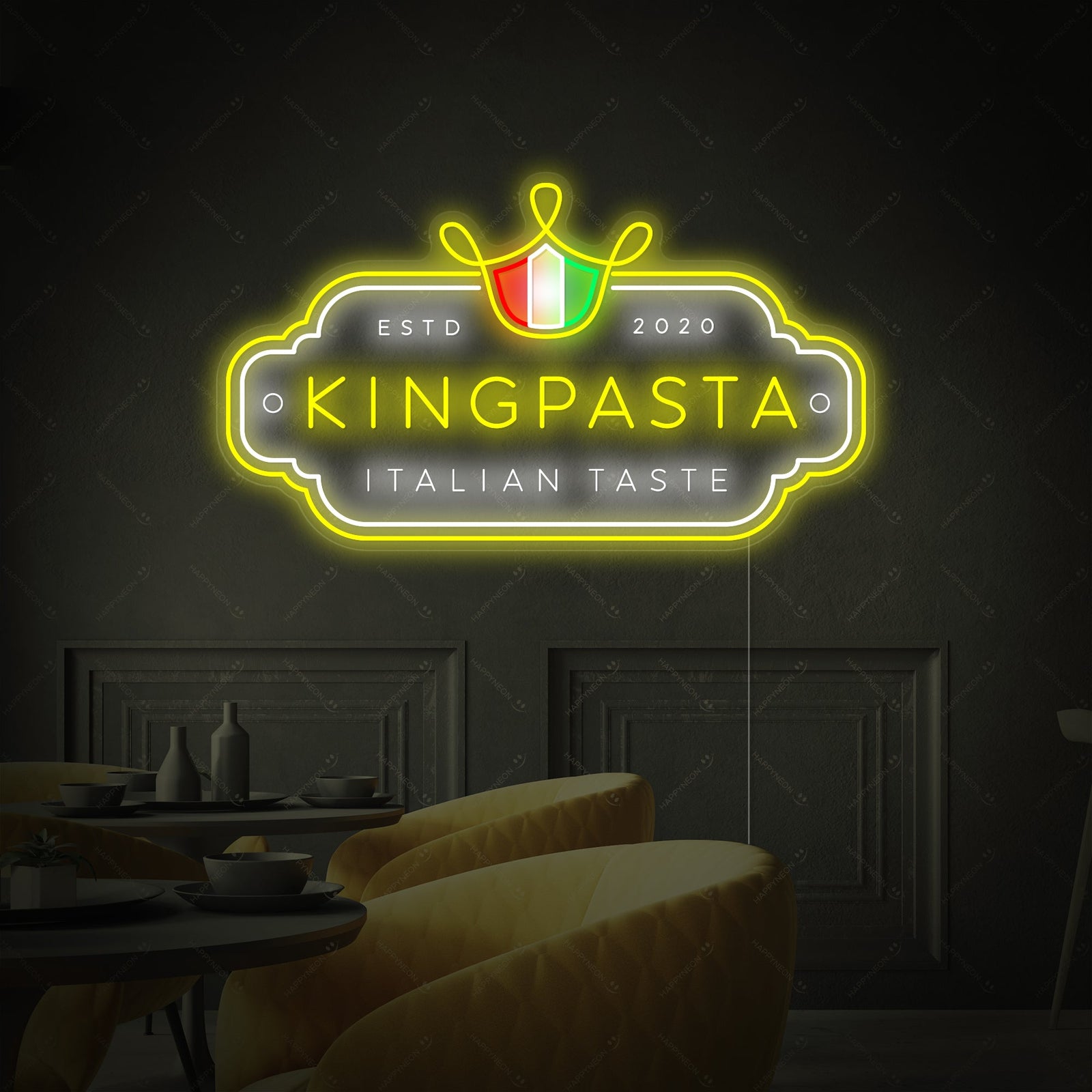 The 'King Pasta' neon sign illuminated, showing the yellow neon tubes and the clear backing material.