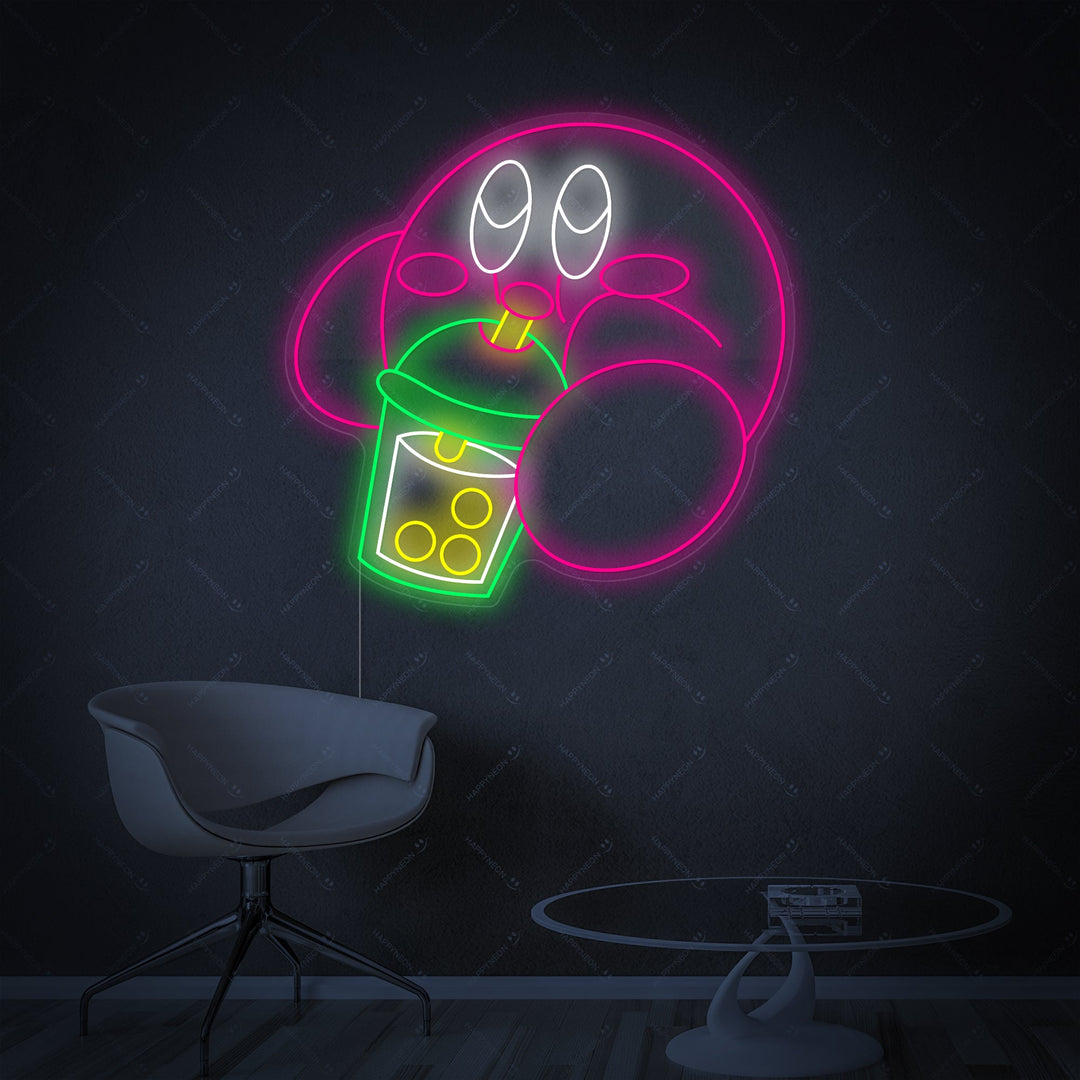 "Kirby Drinking Boba Tea" Neon Sign, Boba Shop Wall Decor, Boba Neon Sign