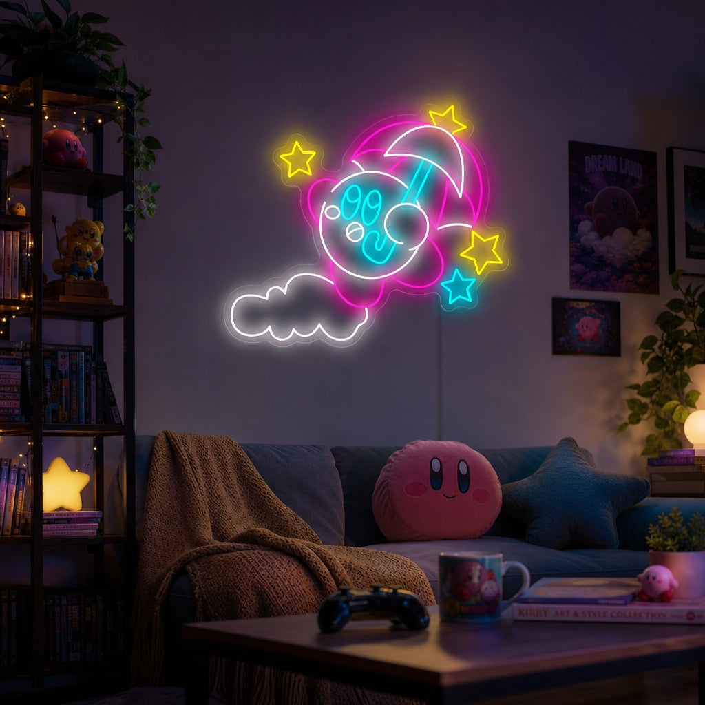 A glowing 'Kirby Umbrella' neon sign mounted on a textured wall in a modern room setting.