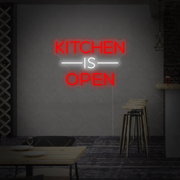 A glowing blue "Kitchen Is Open" neon sign with visible backing, power cord, and a controller fob, displayed as a mockup.
