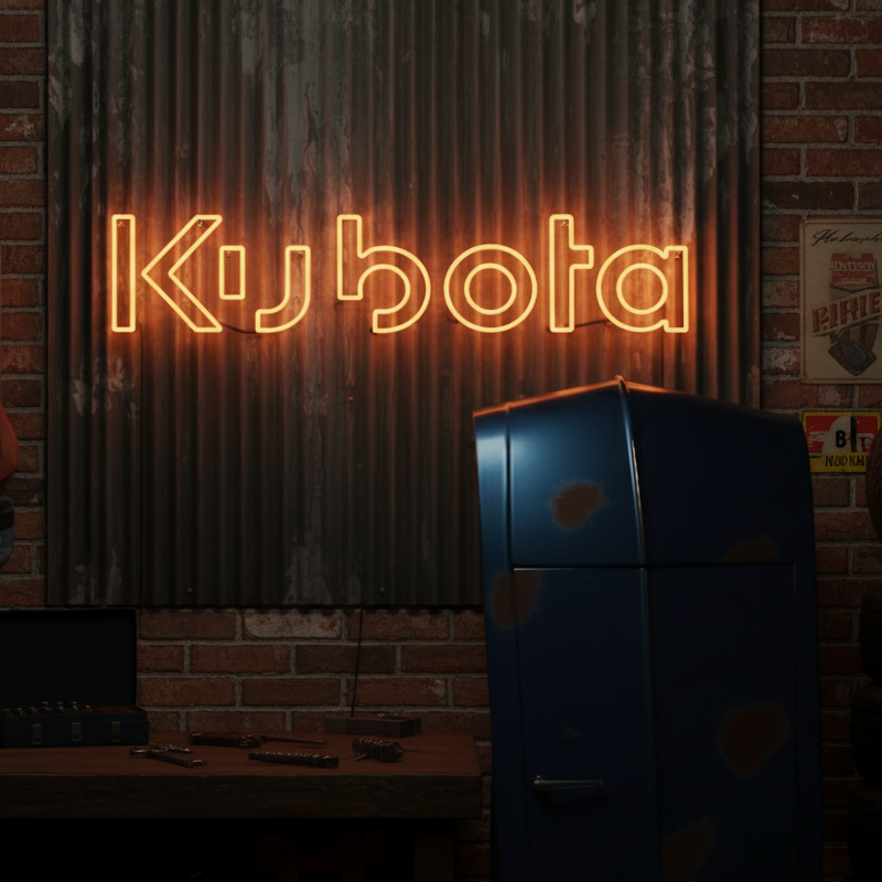 Orange Kubota wordmark neon sign, perfect for garages, workshops, or agricultural equipment fans.