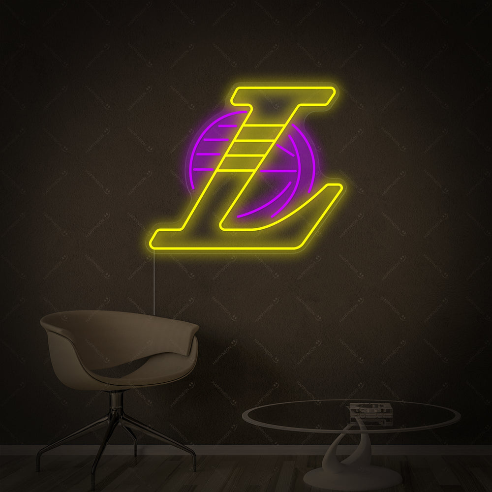 Close-up illustration of the LA basketball team script logo neon sign tubing and design, featuring a central watermark grid.