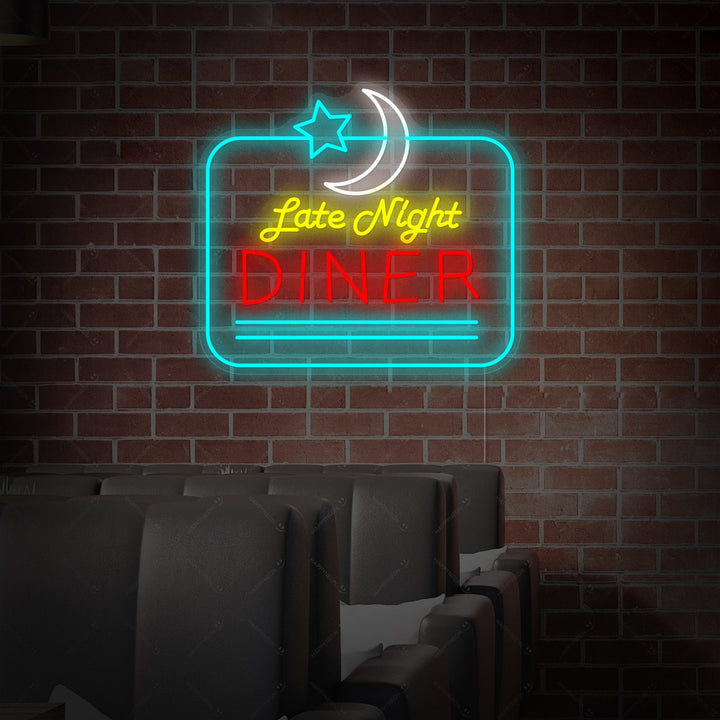 A glowing neon sign featuring the text 'Late Night Diner' in red script on a simple dark background, capturing the retro American eatery aesthetic.