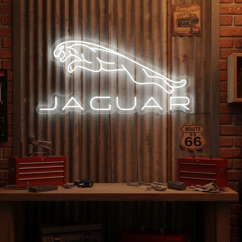 Stylish 'Leaper' neon sign featuring the leaping Jaguar logo displayed prominently in a modern garage or lifestyle setting.