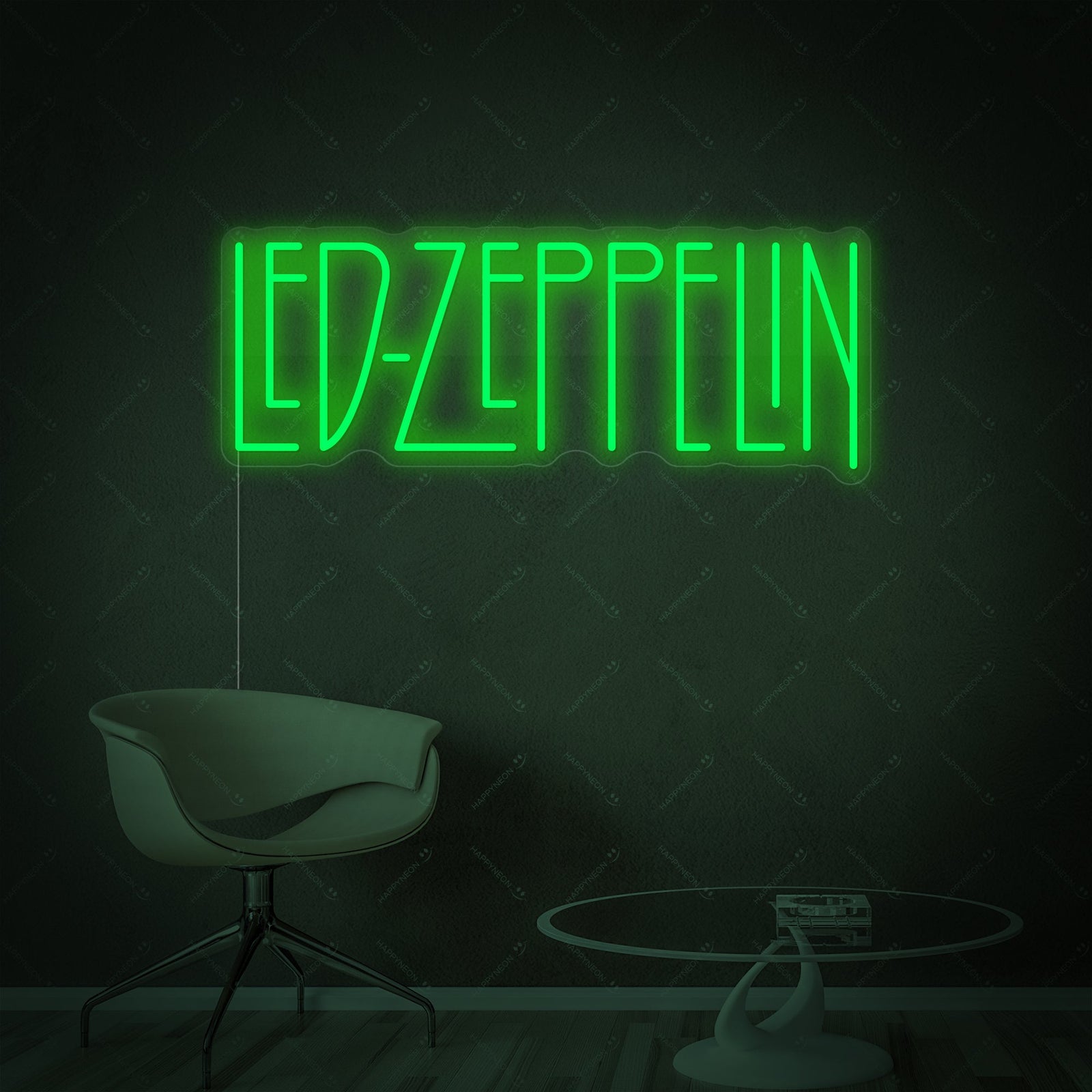 'LED Zeppelin' neon sign design with a clear acrylic backer providing a soft glow on a light blue wall.