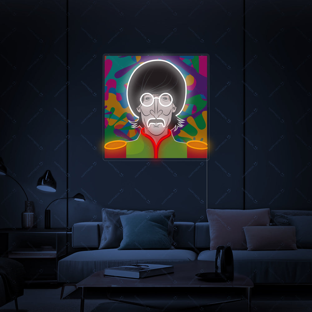 A graphic mockup showing the detailed design of the Lennon neon sign against a simple room backdrop.
