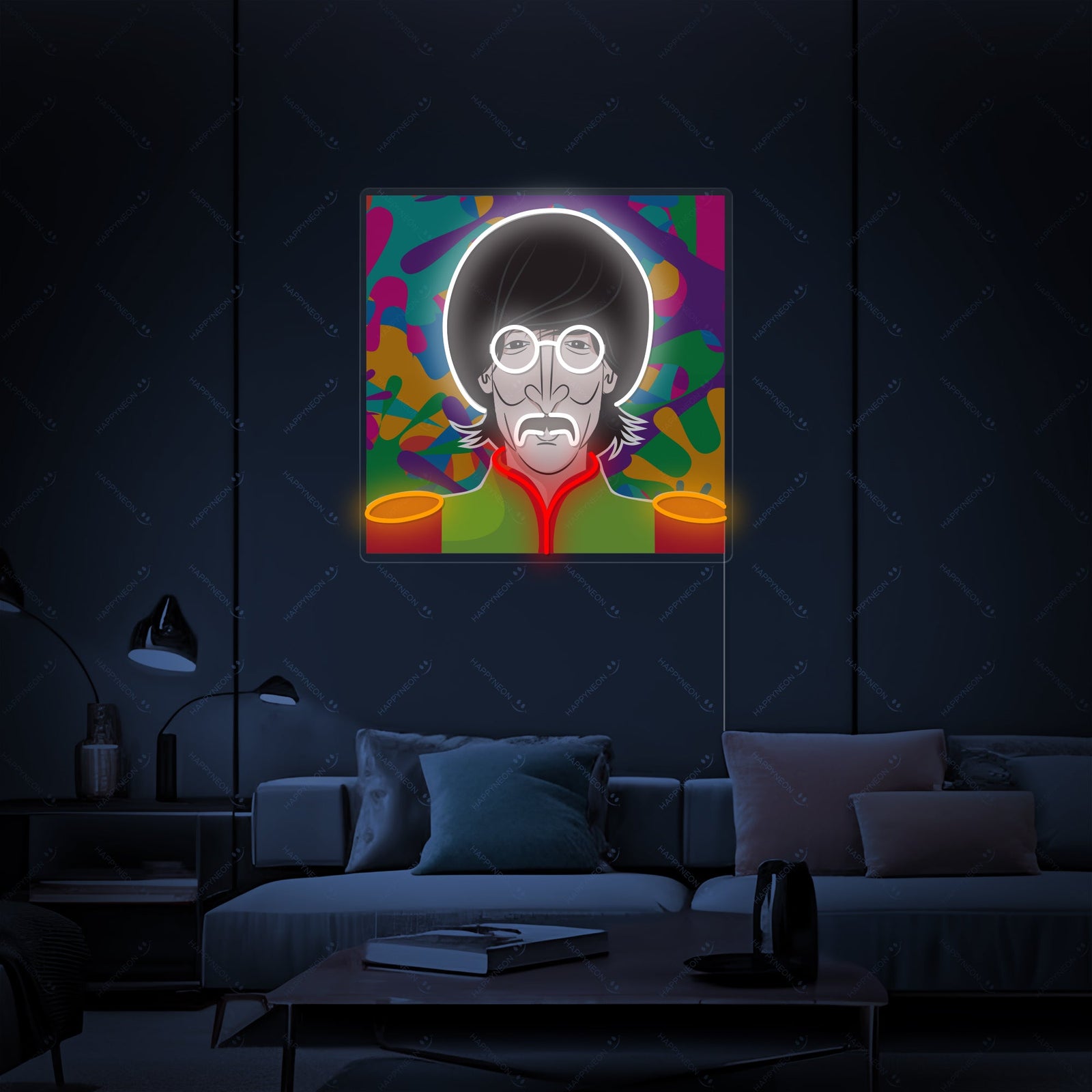 A graphic mockup showing the detailed design of the Lennon neon sign against a simple room backdrop.