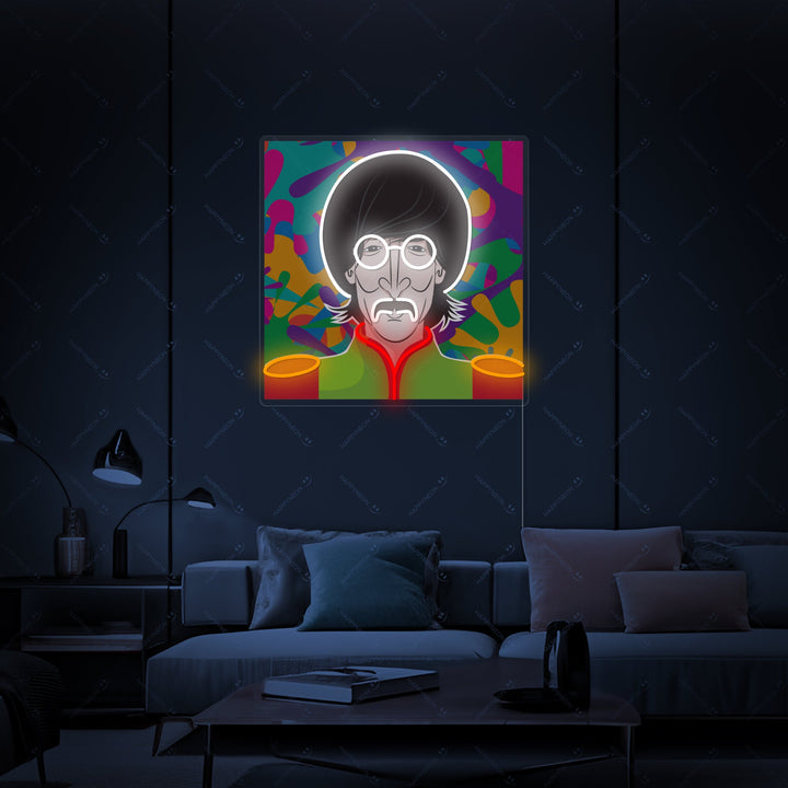 A graphic mockup showing the detailed design of the Lennon neon sign against a simple room backdrop.