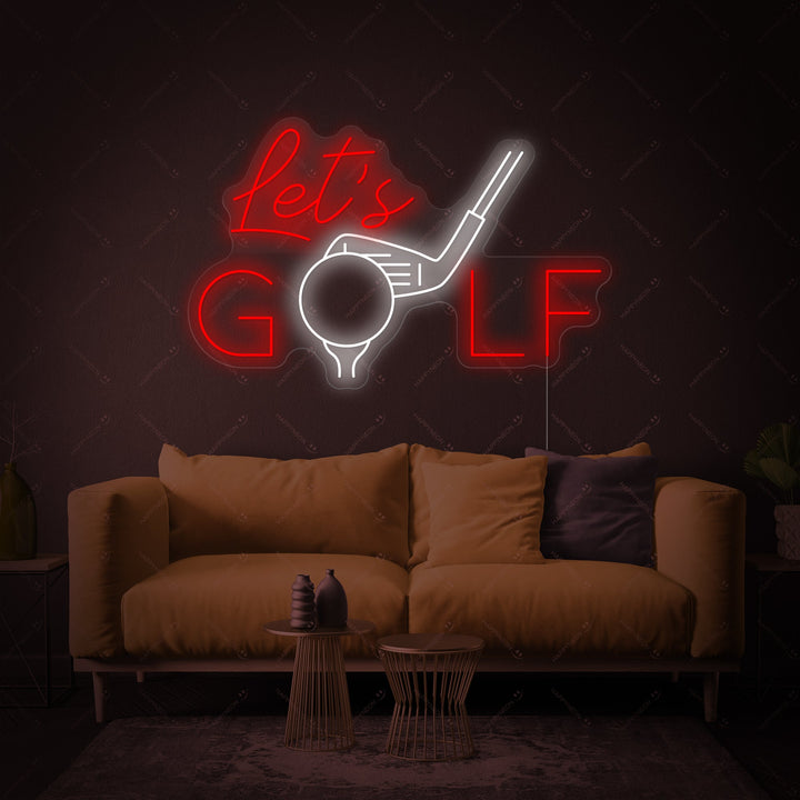 A close-up view of the Let's Golf neon sign design, showcasing the purple glow, the golfer graphic, and the precise acrylic outline.