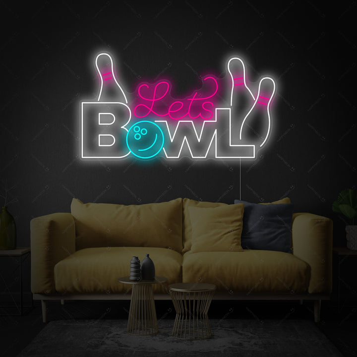 Closer view of the 'Let's Bowl' neon sign, showing the red tubing and backing on a textured background.