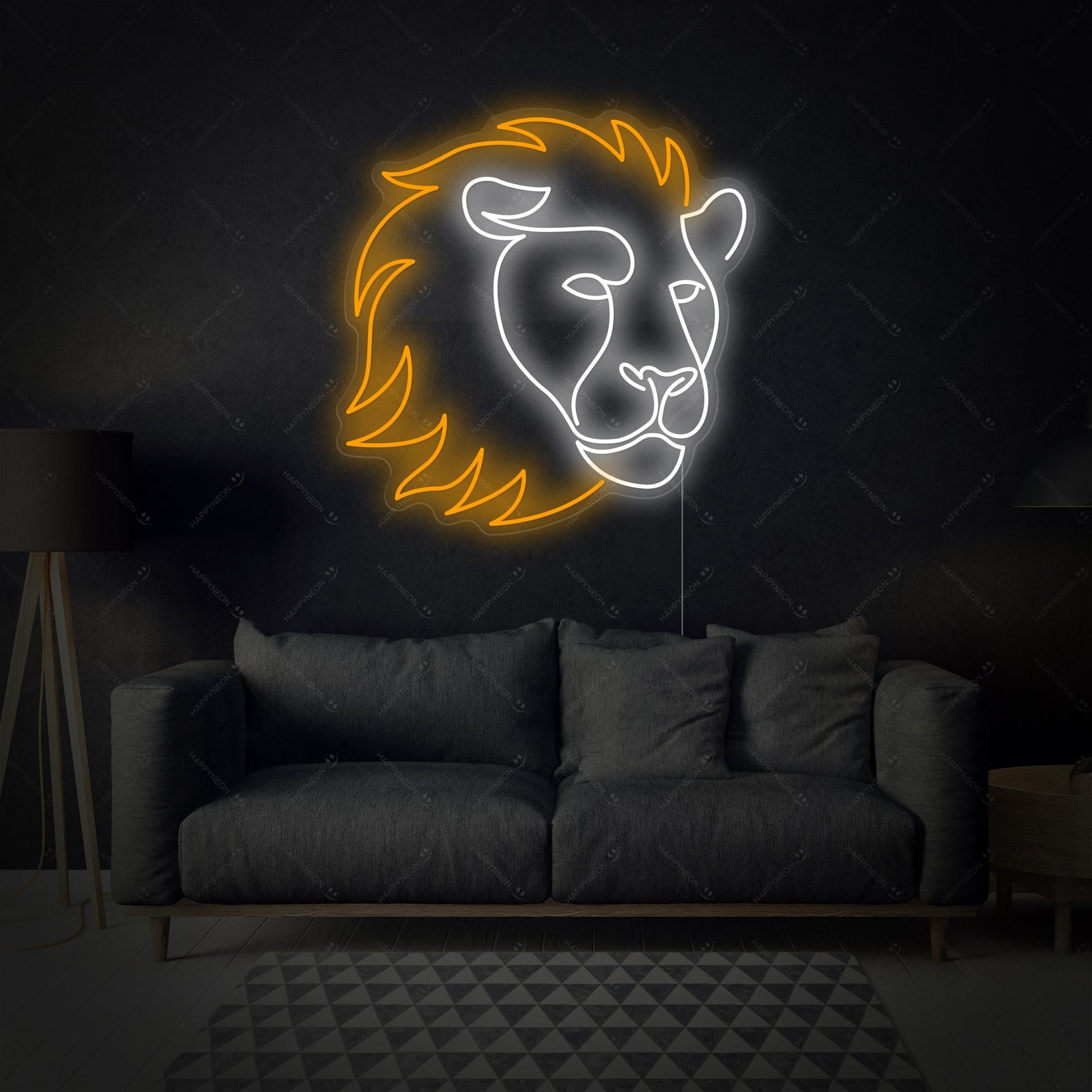 Close-up of a glowing lion face neon wall sign showing intricate details against a plain background