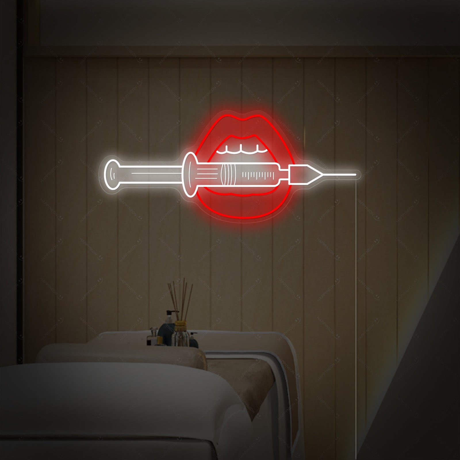 A graphic design mockup showing the 'Lip Injection' glowing pink neon sign isolated against a plain, dark background.