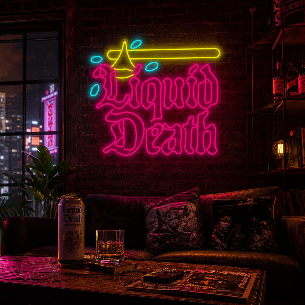 Liquid Death neon sign logo glowing on a brick wall in a rustic game room setting.