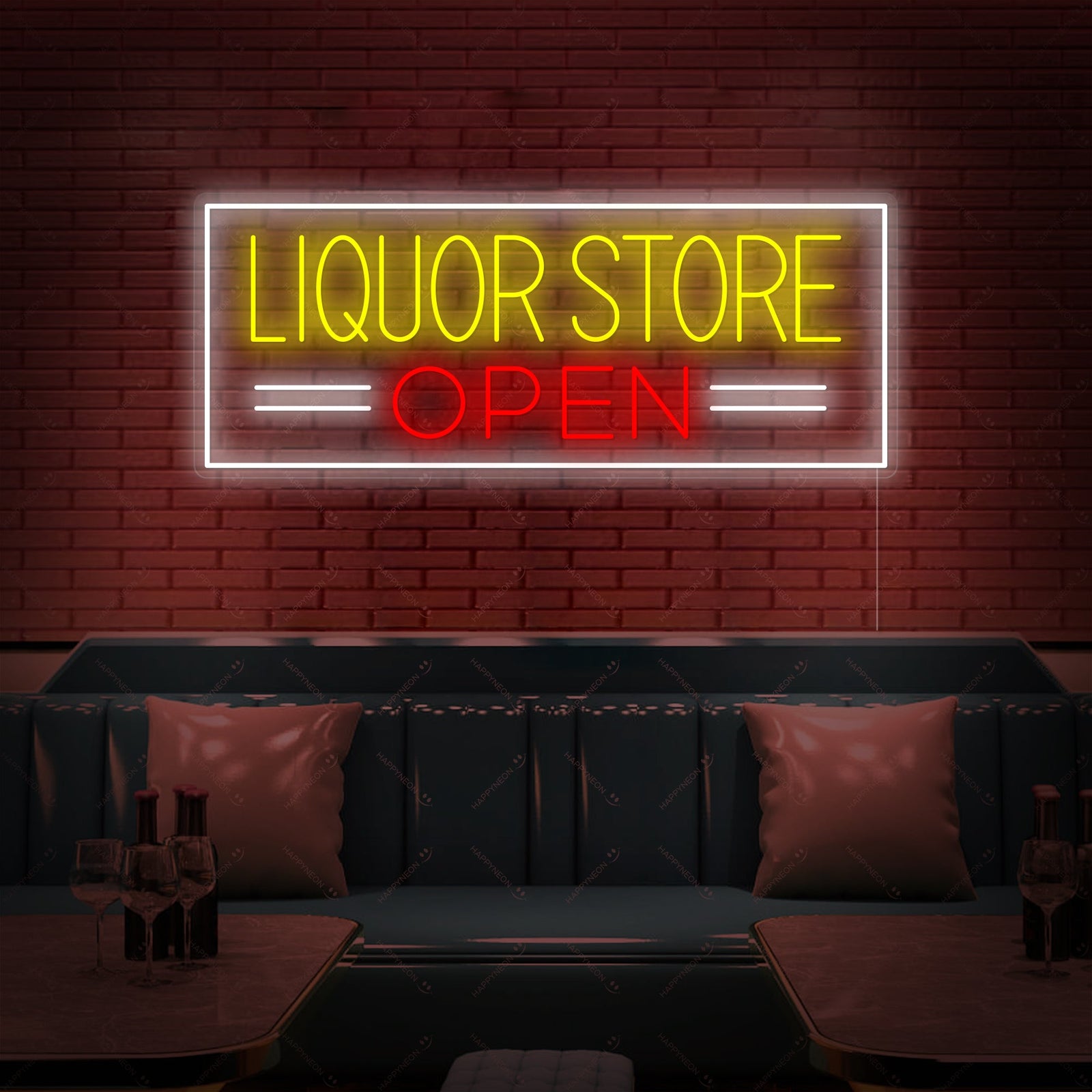 A frontal view of the 'Liquor Store Open' neon sign design against a neutral background.