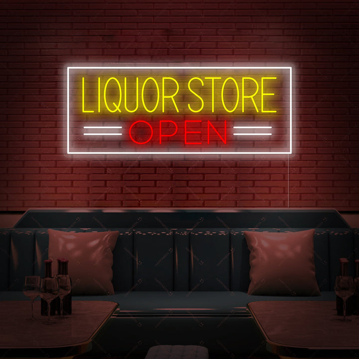 A frontal view of the 'Liquor Store Open' neon sign design against a neutral background.