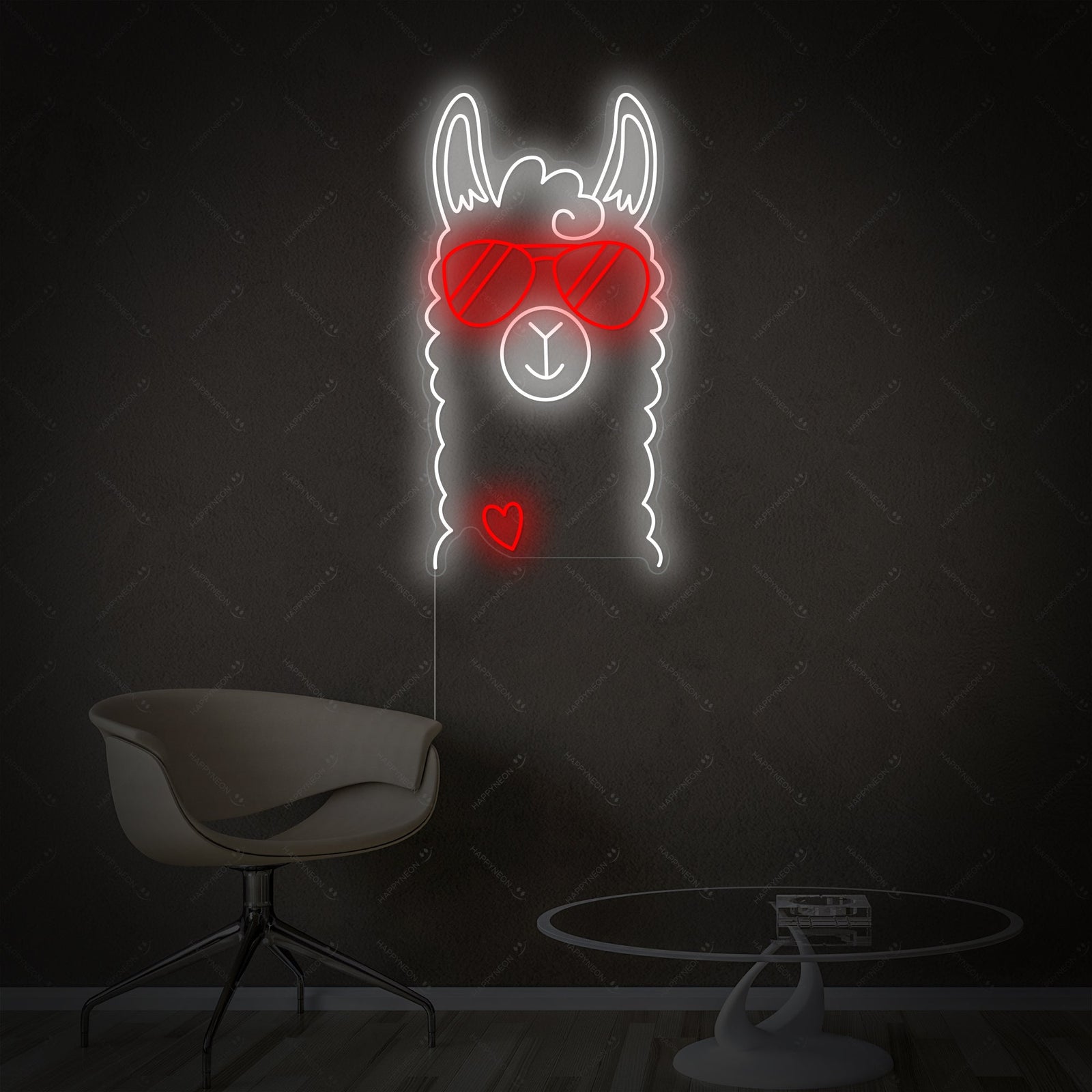 The Llama Neon Sign shown with its clear backing and power cord, illustrating its construction and quality.