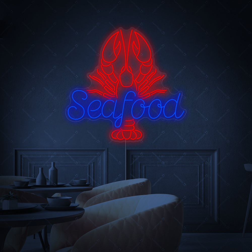 A vibrant red lobster outline and orange 'SEAFOOD' lettering neon sign glowing against a brick background.