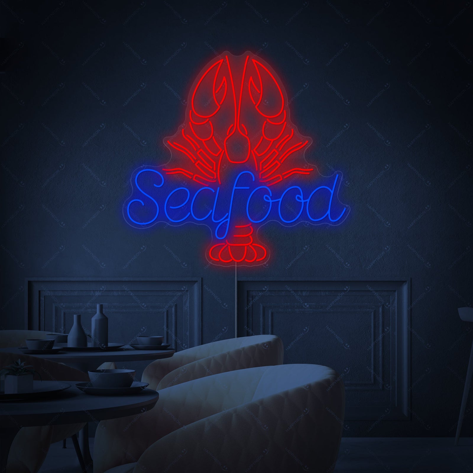 A vibrant red lobster outline and orange 'SEAFOOD' lettering neon sign glowing against a brick background.