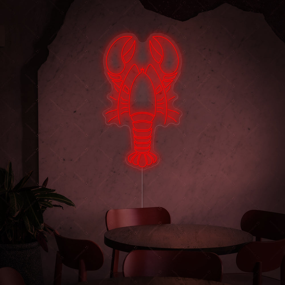 Close-up of a red lobster neon sign illuminated against a detailed background featuring stacked wooden crates and woven textures.