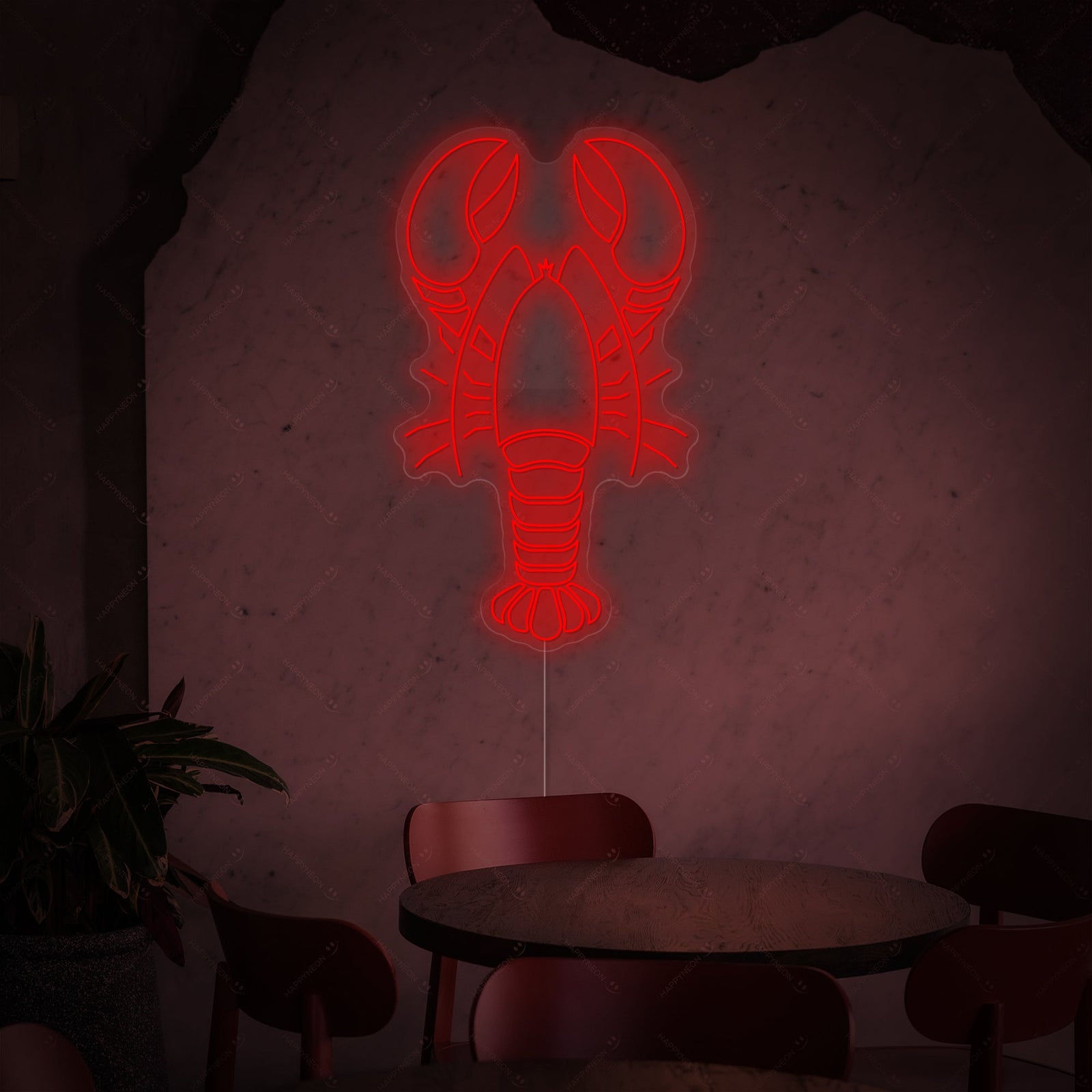 Close-up of a red lobster neon sign illuminated against a detailed background featuring stacked wooden crates and woven textures.