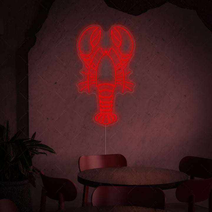 Close-up of a red lobster neon sign illuminated against a detailed background featuring stacked wooden crates and woven textures.