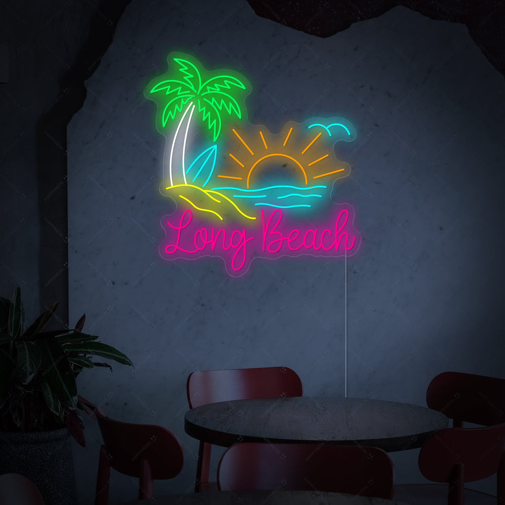 Long Beach neon sign displaying warm orange glowing text and two blue waves, set against a blurred indoor cafe background with seating, plants, and natural light.