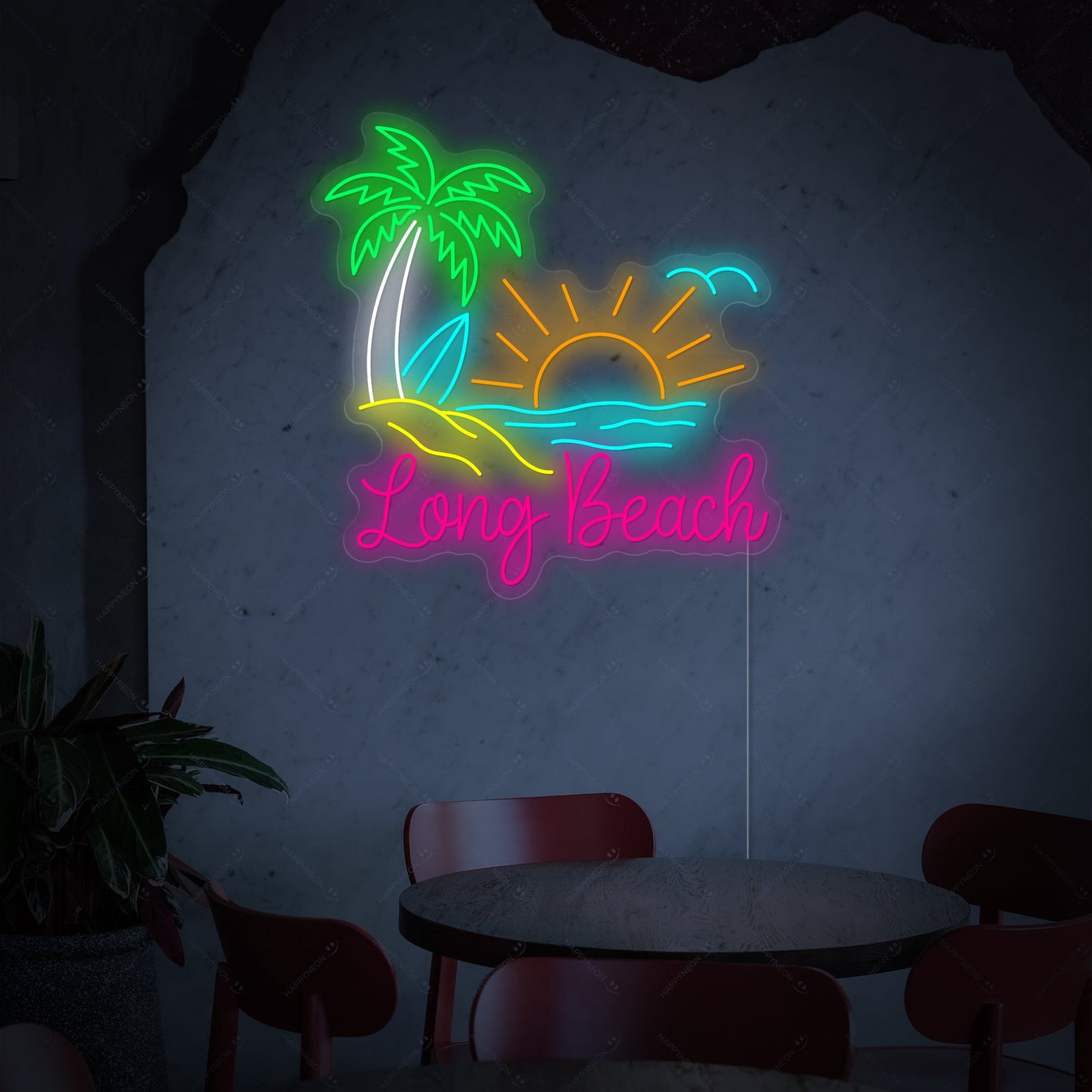 Long Beach neon sign displaying warm orange glowing text and two blue waves, set against a blurred indoor cafe background with seating, plants, and natural light.